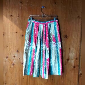 Tan Jay Vintage Multicolor Cotton Pleated Striped Shell Patterned Midi Skirt